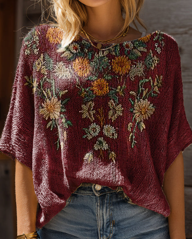 Women's Bohemian Floral Art Print Casual Short Sleeves Pullover Sweater