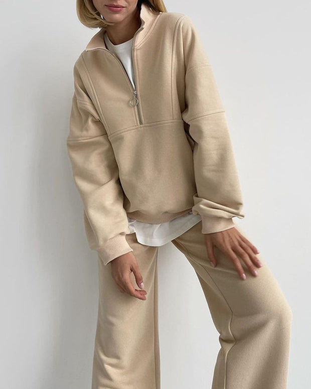 Casual Zipper Sweatshirt and Sports Pants Two-piece Set