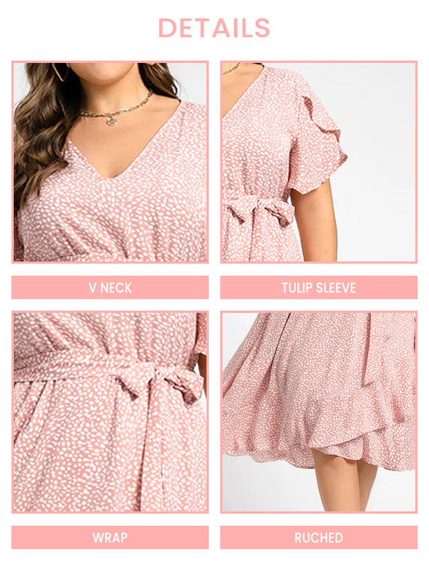 Plus Polka Dot V-Neck Tulip Sleeve Ruched Belted Midi Dress