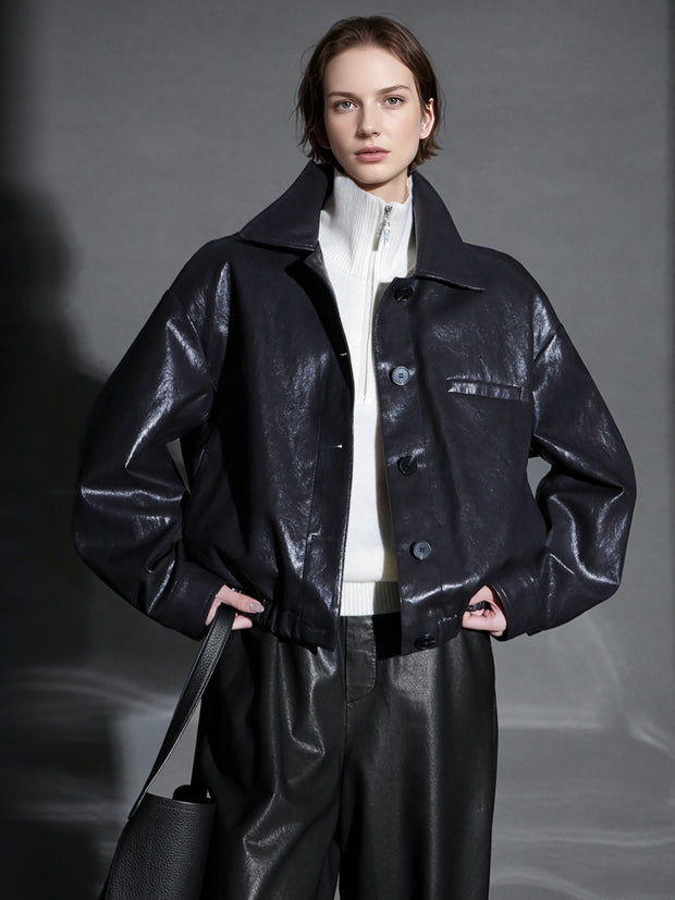 Motorcycle Style Leather Jacket for Women – Bold Lambskin Leather with Notched Collar, Chic and Gender-Neutral Outerwear