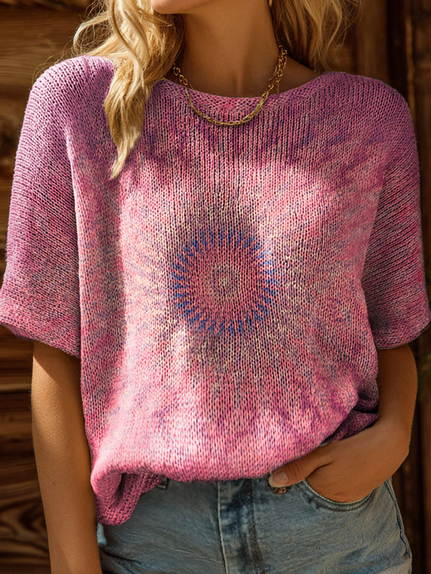 Women's Kaleidoscope Tie Dye Art Print Casual Crew Neck Short Sleeve Knitted Sweater