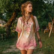 Women's Vintage Rose Floral Patch V-neck T-shirt