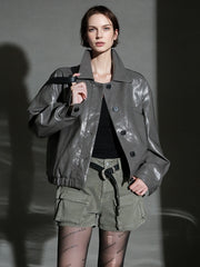 Motorcycle Style Leather Jacket for Women – Bold Lambskin Leather with Notched Collar, Chic and Gender-Neutral Outerwear