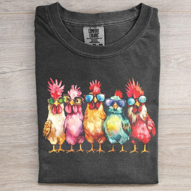 Funny Chicken Washed Cotton Crew Neck T-Shirt