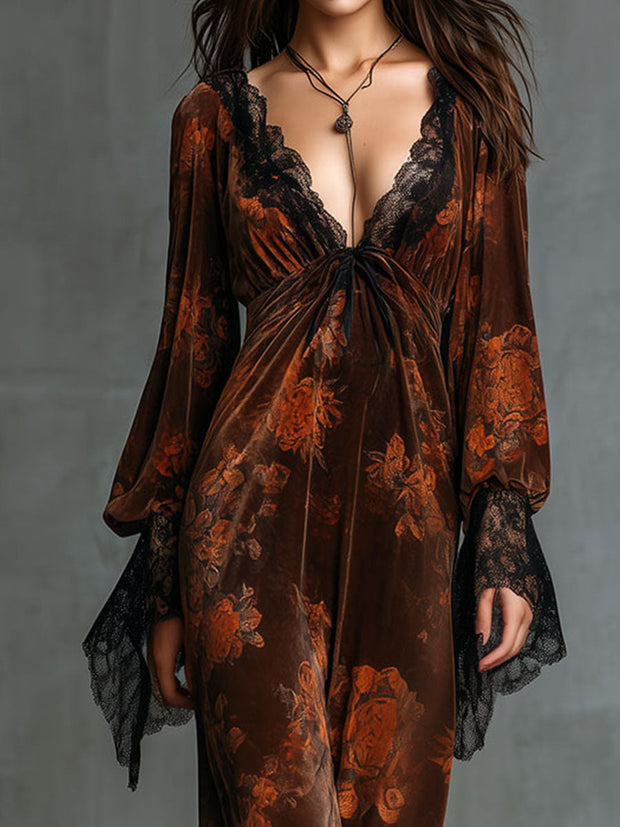 Boho Deep V Neck Floral Print Velvet Gown Dress With Lace Trim