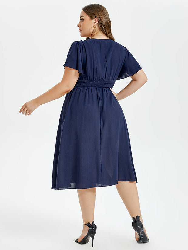 V Neck Butterfly Sleeve Ruffle Hem Elastic Waist Midi Dress