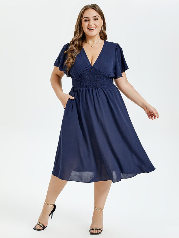 V Neck Butterfly Sleeve Ruffle Hem Elastic Waist Midi Dress