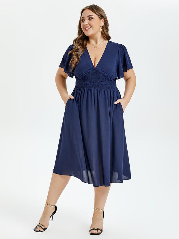 V Neck Butterfly Sleeve Ruffle Hem Elastic Waist Midi Dress