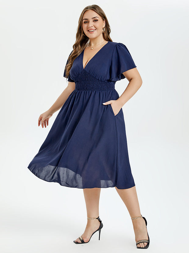 V Neck Butterfly Sleeve Ruffle Hem Elastic Waist Midi Dress