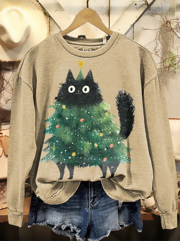 Women's Retro Christmas Art Print Casual Long Sleeve Crew Neck Sweatshirt