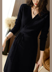 Elegant Navy V Neck Lace Up Patchwork Cotton Knit Mid Dress Fall