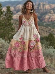 Pink Flowers Embroidered Vintage Linen Suspender Long Skirt