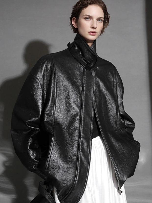 Luxury Collection Vegetable-Tanned Sheepskin Leather Jacket for Women – Stylish Webbing Trim Moto Outerwear