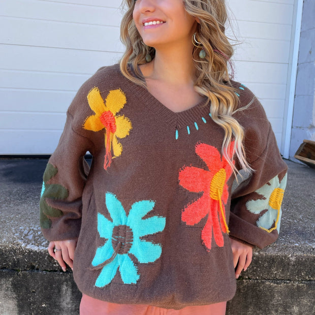 V-Neck Oversized Floral Sweater in Charcoal