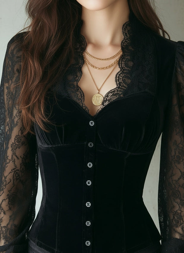 Elegant Black Velvet & Lace Victorian Blouse