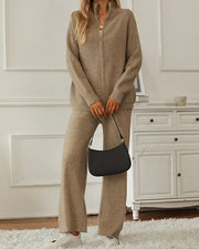 Zipper lapel knitted cardigan + wide-leg pants