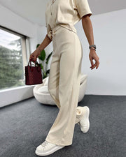 Round neck solid color elastic waist trousers casual two-piece set