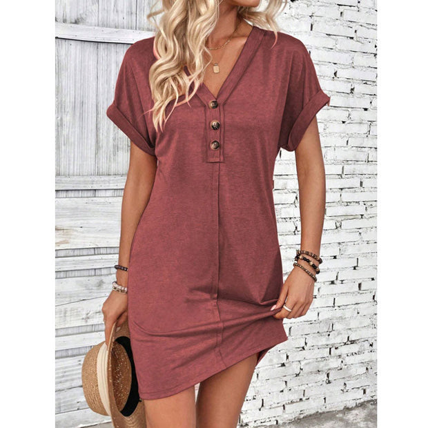 V Neck Button Short Sleeve Summer Casual Dresses