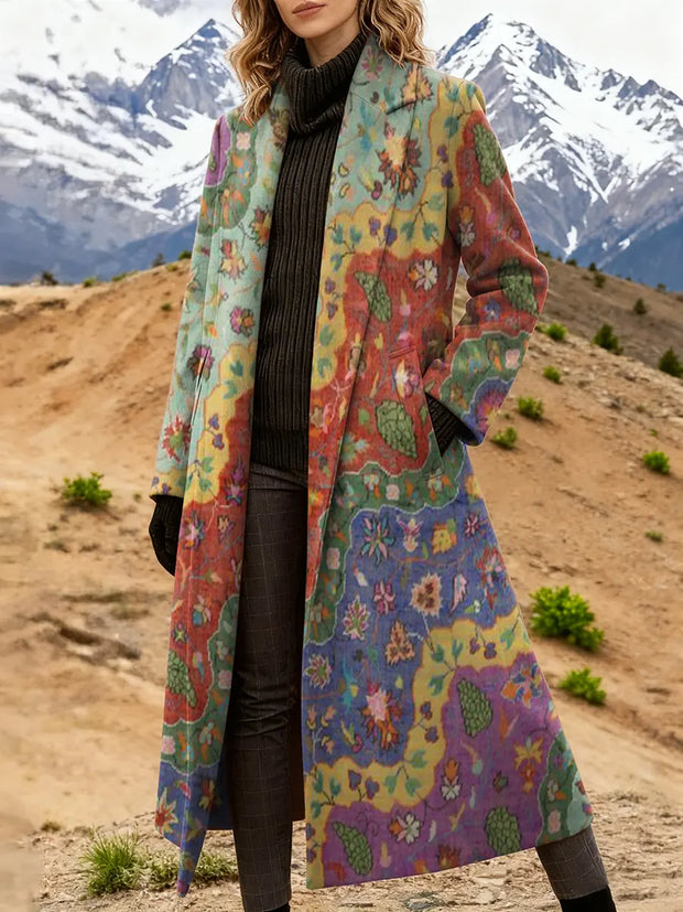 Women's Retro Floral Patchwork Art Print High-Quality Casual Wool Coat