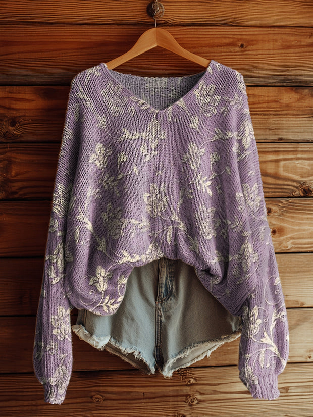 Women's Folk Floral Art Pattern Print Casual V Neck Pullover Sweater