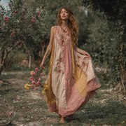 Women's Retro Bohemian Rose Pattern V-neck Dress