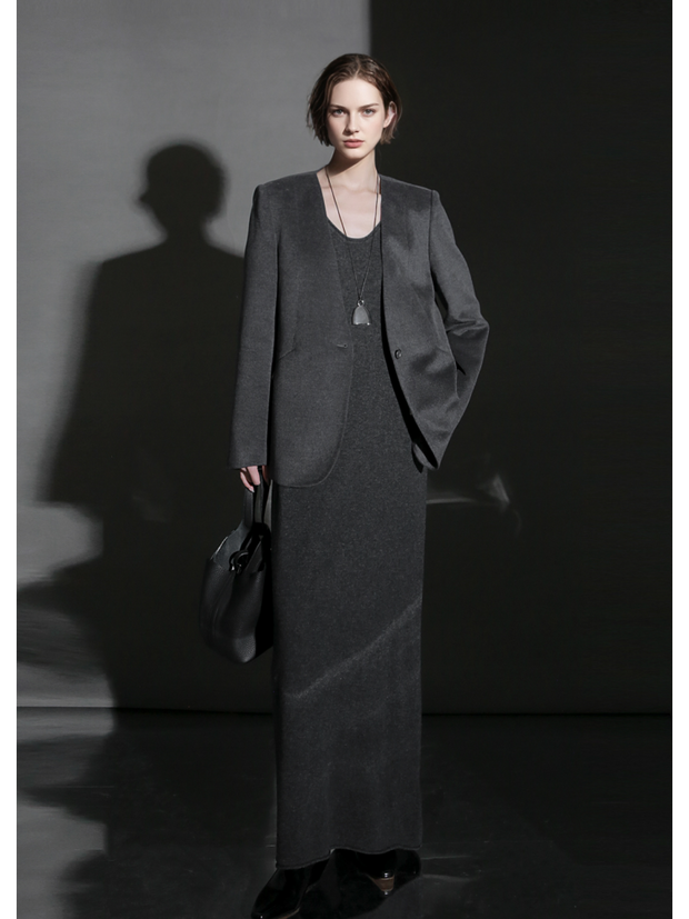 Soft Cashmere Blend Blazer for Women – V-Neck Structured Shoulder Suit Jacket, Elegant Office Wear for Fall