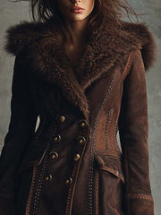 Vintage Brown Eco-Suede Coat with Full Shearling Lining and Fur Collar