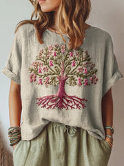 Women's Tree Of Life Pink Ribbon Embroidery Round Neck Half Sleeve T-shirt