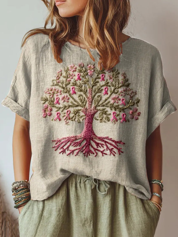 Women's Tree Of Life Pink Ribbon Embroidery Round Neck Half Sleeve T-shirt
