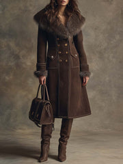 Vintage Brown Eco-Suede Double-Breasted Coat With Faux Fur Collar