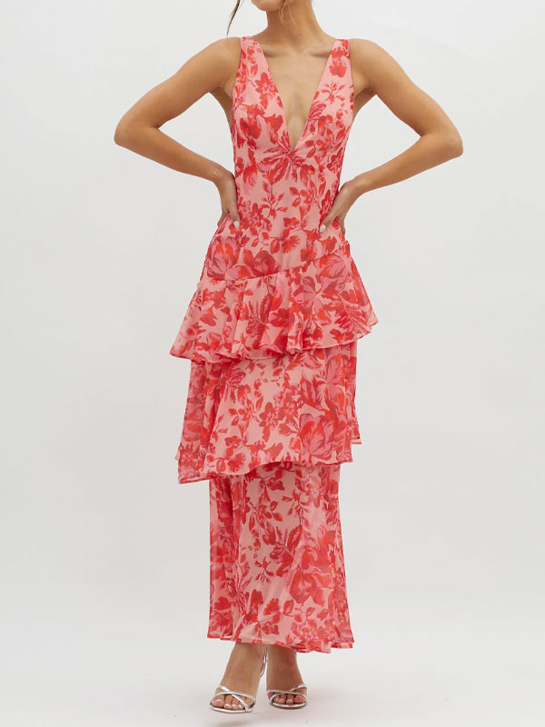 V neck tiered maxi dress