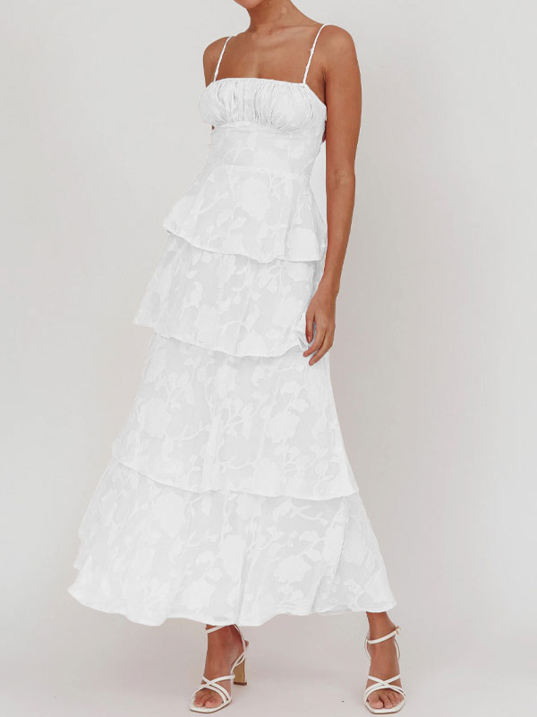 Thin straps jarquard tiered maxi dress