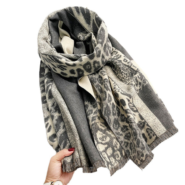 Colorblock Leopard Print Thick Warm Temperament Shawl Scarf