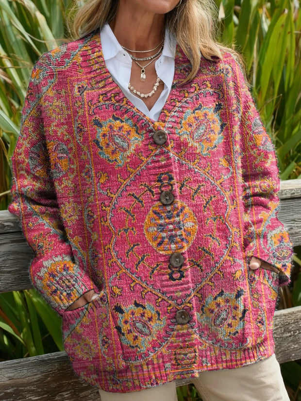Women's Vintage Ethnic Pink Totem Art Print Casual Button Pocket Cardigan Sweater