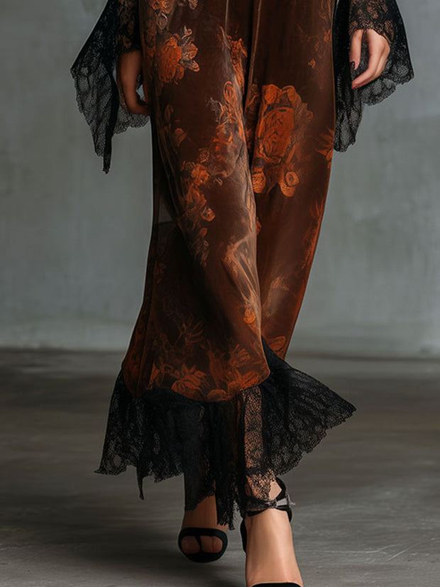 Boho Deep V Neck Floral Print Velvet Gown Dress With Lace Trim