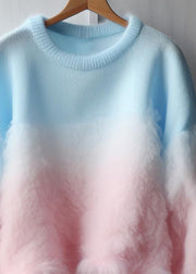 Chic Gradient Color Fluffy Patchwork Cozy Cotton Knit Sweaters Fall