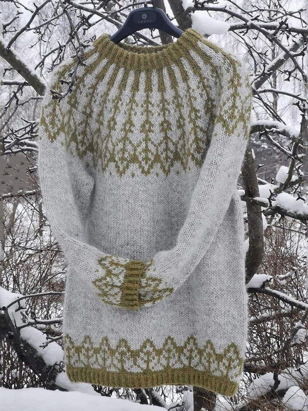 Vintage Icelandic Knit Jacquard Crew Neck Sweater (Unisex)