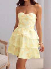 Strapless ruched tiered mini dress