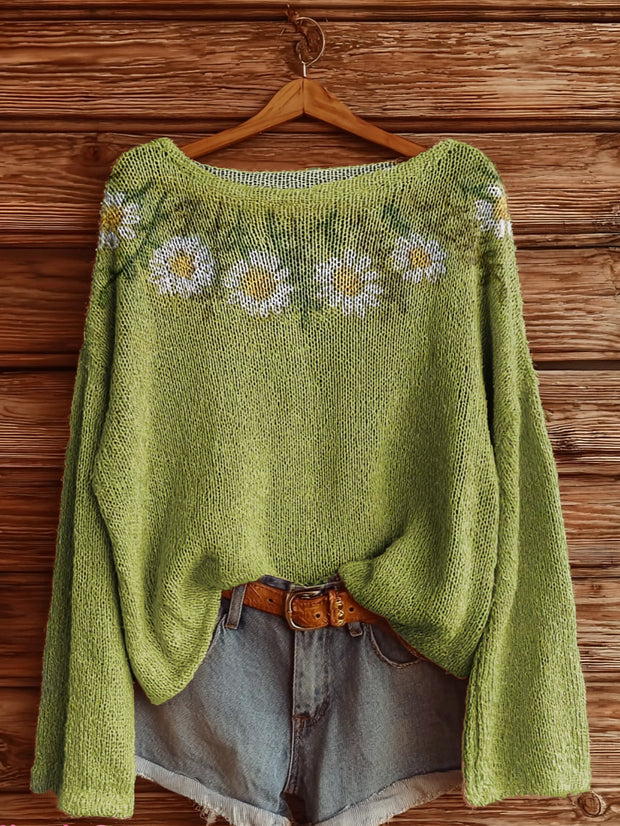 Women's Bohemian Floral Art Print Casual Pullover Sweater