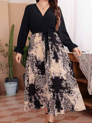 Plus Black Floral Lantern Sleeve Crisscross Wrap Maxi Dress