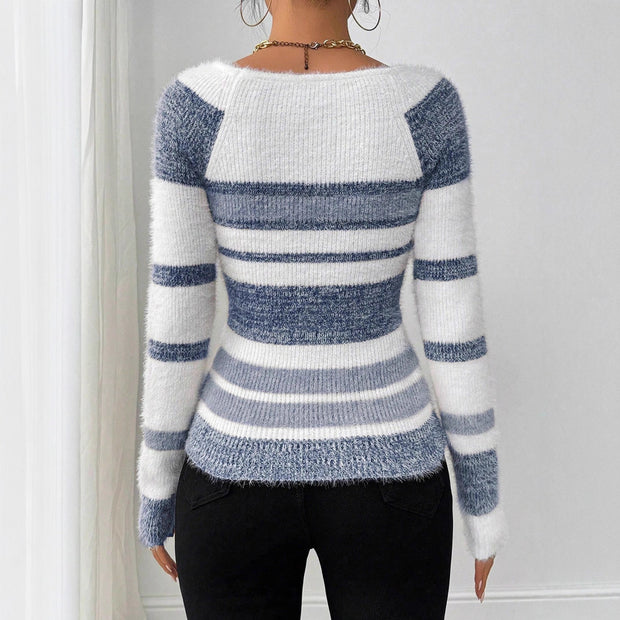 Contrast Square Neck Striped Sweater