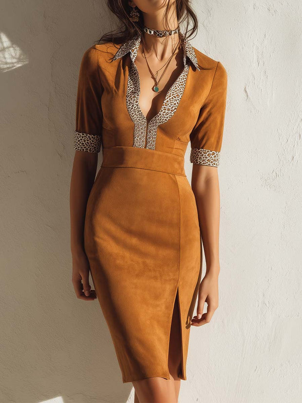 Caramel Brown Leopard Microsuede Midi Dress