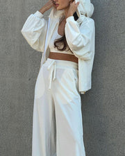 Hooded lantern sleeve top and wide-leg pants two-piece set