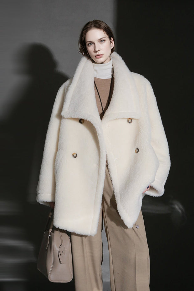Luxury Teddy Wool Coat for Women – Double-Faced Wool Overcoat with Oversized Lapel, Warm Fuzzy Winter Jacket
