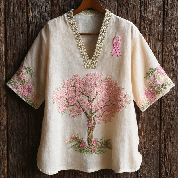 Tree Of Life Embroidered Pink Ribbon Awareness Vintage Women's Linen V-neck Shirt