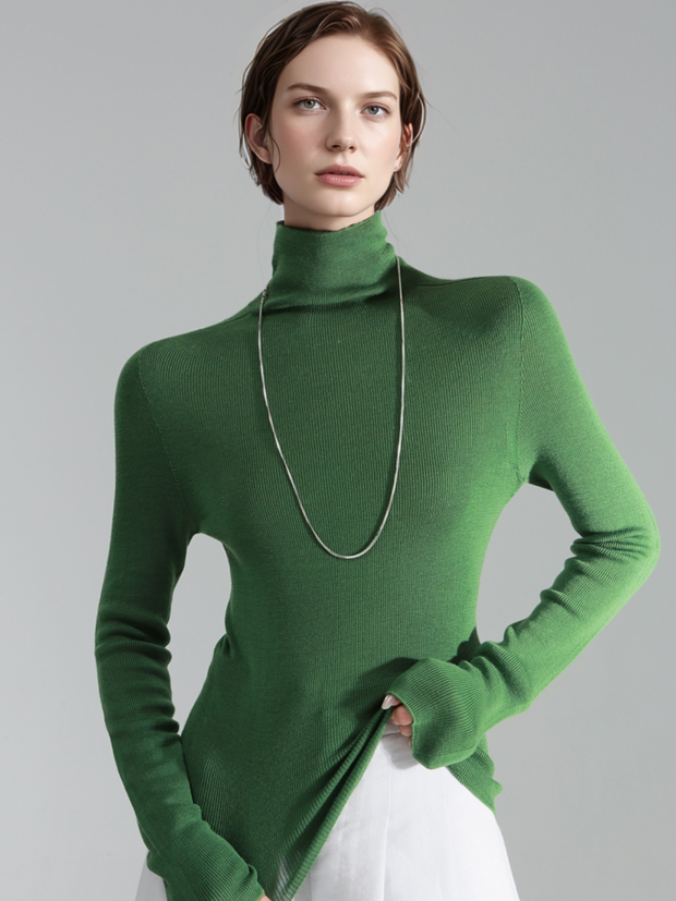 Merino Wool Minimalist Mock Neck Ribbed Knit Top – Cross-Strap Seamless Solid Color Sweater