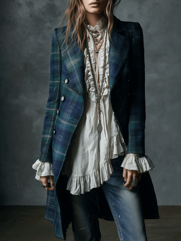 Vintage Tartan Wool-Blend Long Coat