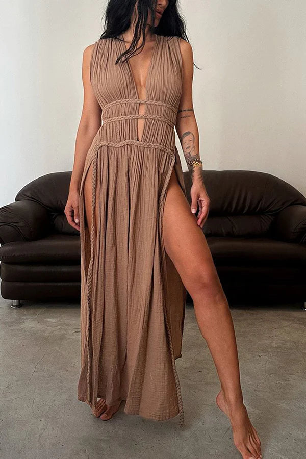 Boho with Elegance Linen Blend Braids Belt Cutout Slit Kaftan Maxi Dress