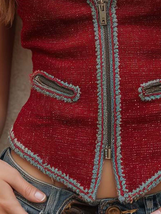 Bohemian Floral Contrast Trim Zip-up Vest