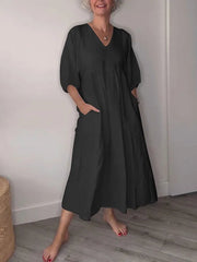 Women's V-neck Solid Color Mid-length Sleeve Cotton and Linen Dress